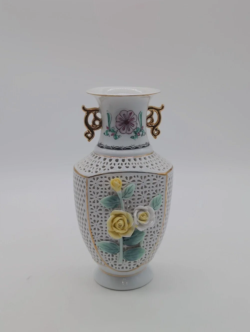 Vintage Chinese White Porcelain Floral Lattice Vase with Gold Handles 8x4 Inches